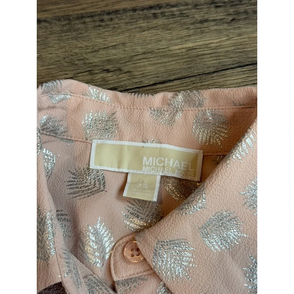 EUC Michael Kors Women's Pink Floral Print Cuff Sleeve Button-Up Top TIE Size XS